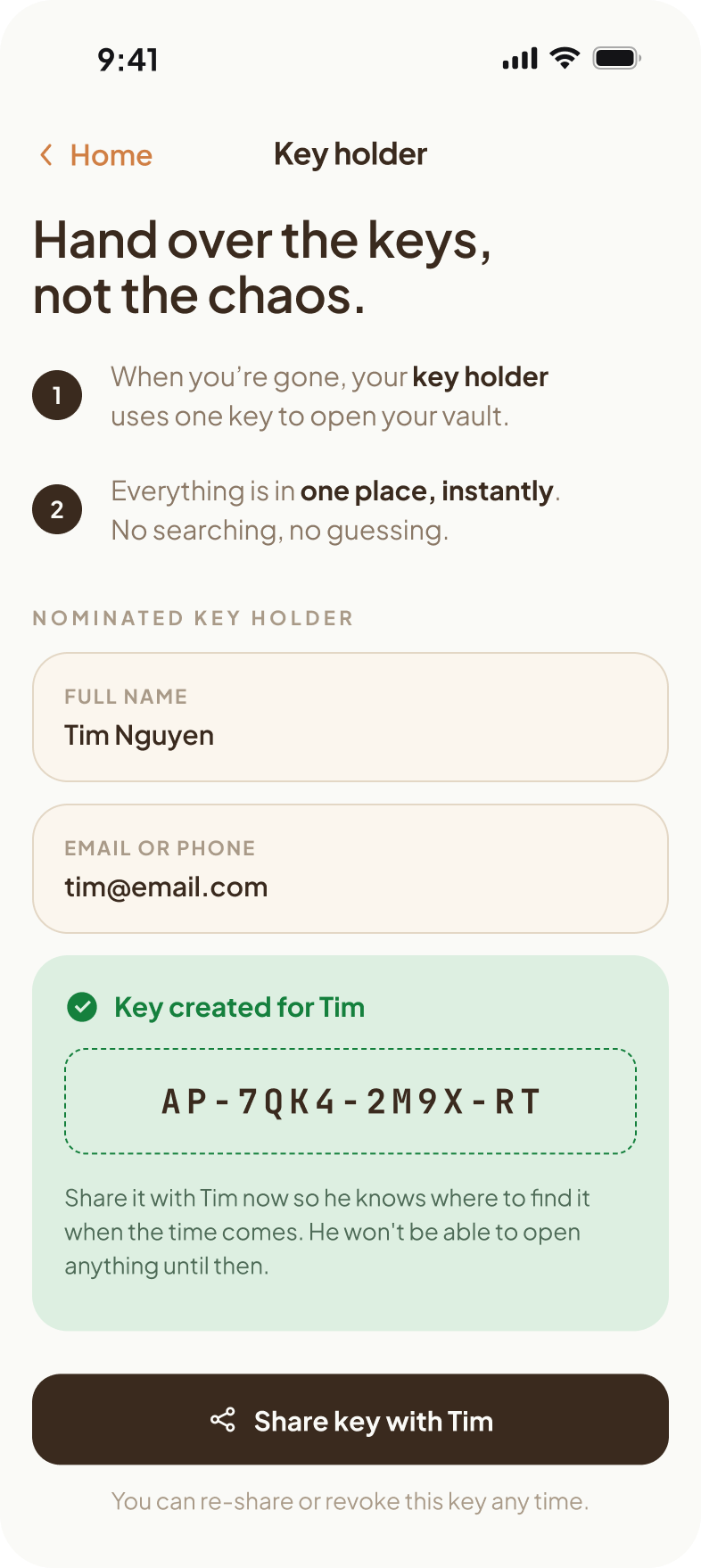 Nominating a key holder inside Afterpass
